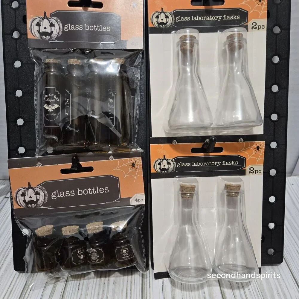 Halloween Apothecary Amber Brown Glass Potion Poison Bottles Cork & 2pks Flasks